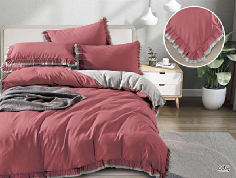Komplet pościeli z falbanką F425 bordo- popiel