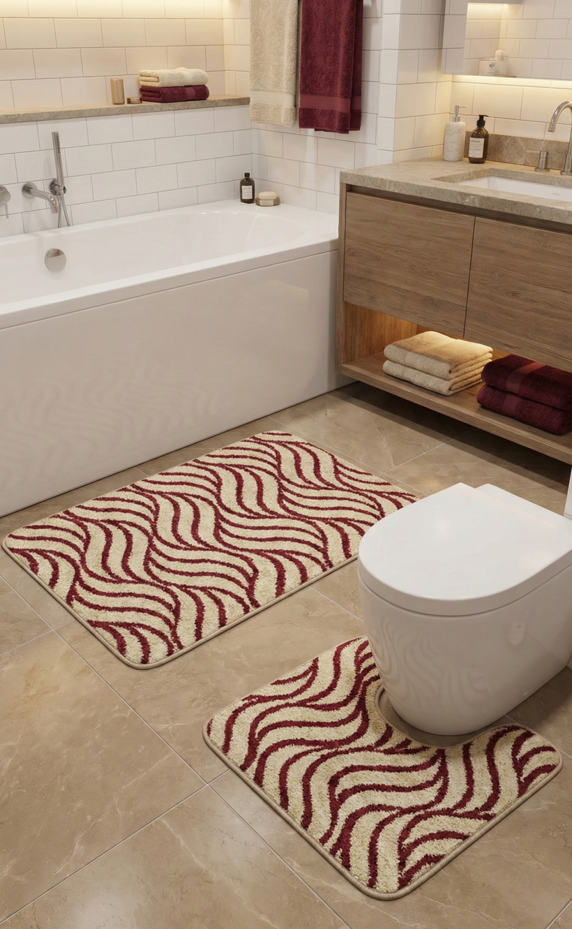 Komplet dywaników bordowo beżowe fale fale 100x60cm i 50x60cm z wycięciem