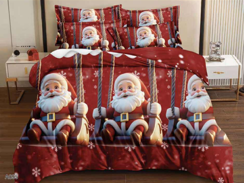 Komplet świątecznej pościeli z satyny bawełnianej A095 Mikołaj na huśtawce