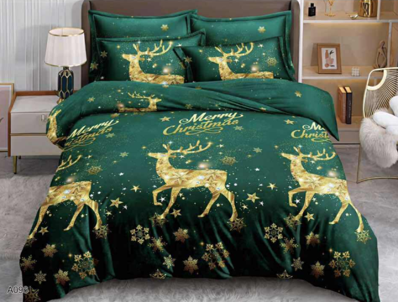 Komplet świątecznej pościeli z satyny bawełnianej A096 złote renifery 