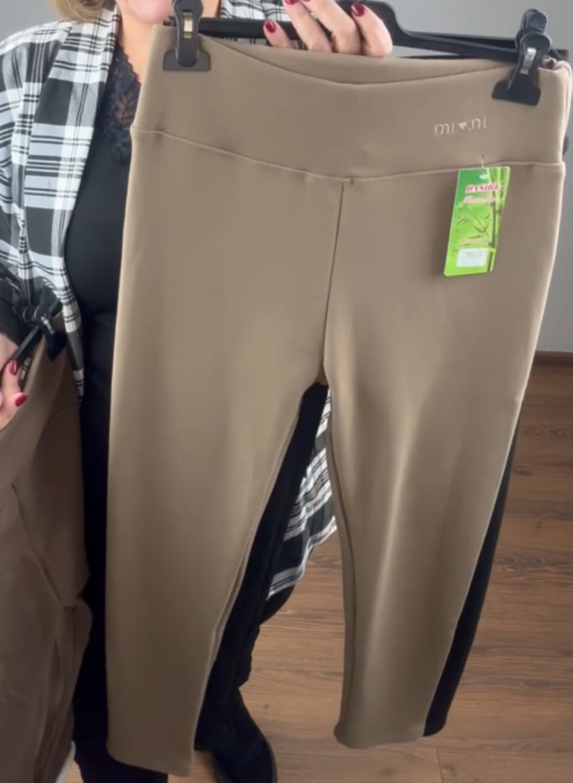 Leginsy ocieplane (grubsze) szeroki pas, bambus wyszywany napis - (2/3xl, 3/4xl) - 935 - karmel