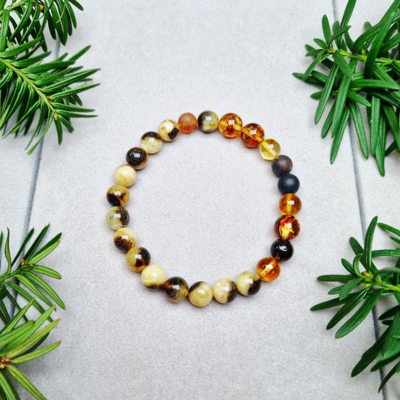 Bransoletka z naturalnego bursztynu bałtyckiego – mix miodowych, koniakowych i mlecznych odcieni