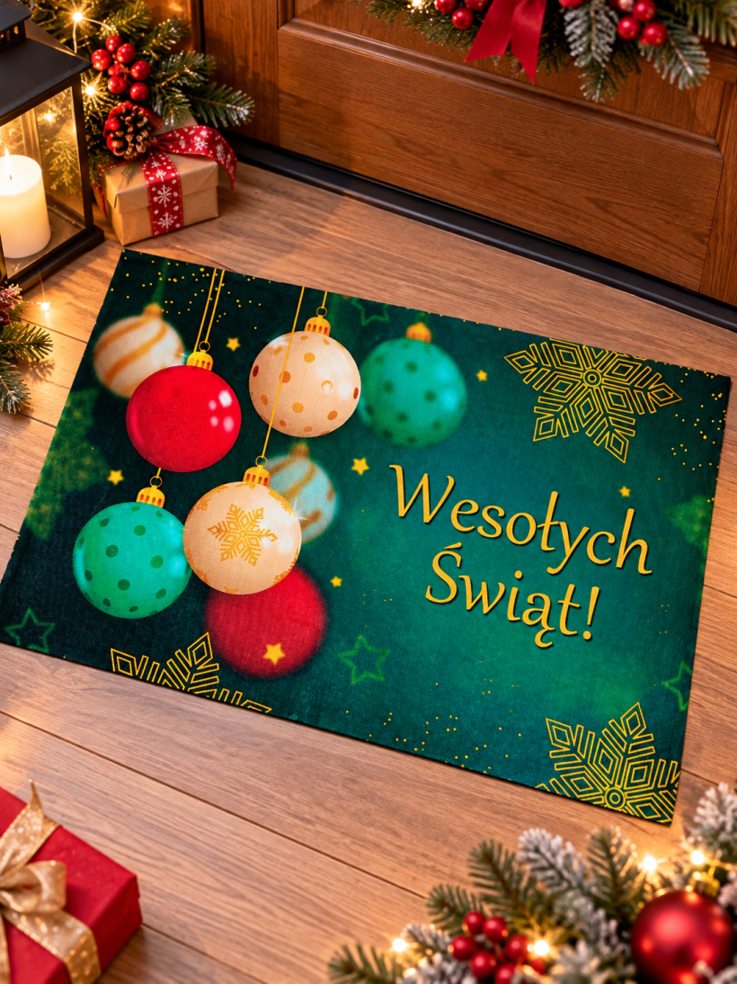 Dywanik świąteczny Wesołych Świąt bombki 60 × 40 cm