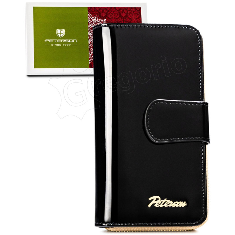 Elegancki portfel damski skórzany Peterson 76116 lakierowany czarny