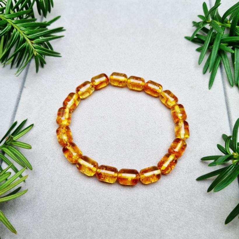 Bransoletka z naturalnego bursztynu bałtyckiego – ręcznie wykonana, prostokątne kamienie, ciepły miodowy kolor