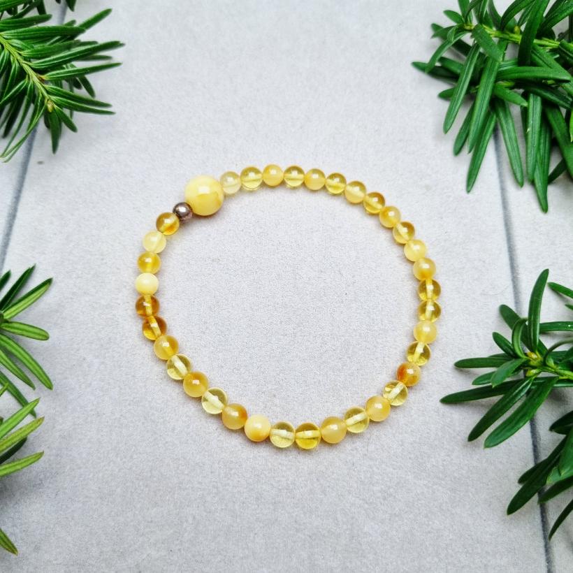 Bransoletka z naturalnego białego i żółtego bursztynu bałtyckiego - Ręcznie robiona - Prezent luksusowy - Elastyczna biżuteria inspirowana naturą