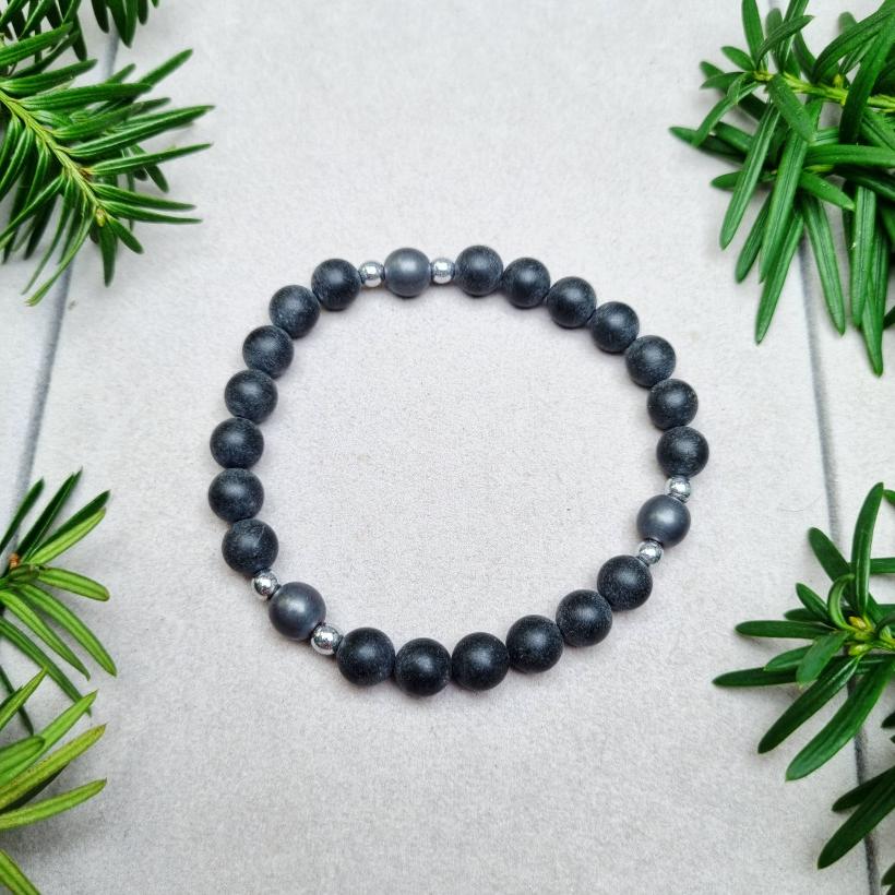 Bransoletka z czarnego bursztynu bałtyckiego | Kamienie naturalne | Unisex | Elegancki prezent handmade