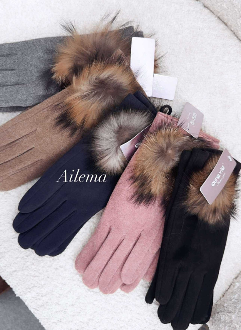 Eleganckie rękawiczki NK6750 z pomponem futerkowym