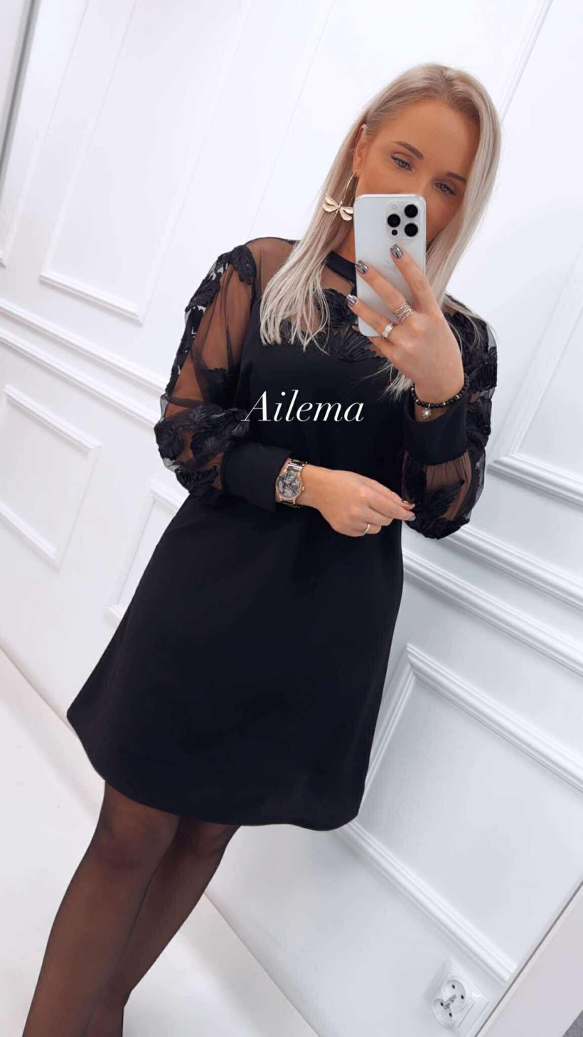 Sukienka czarna gładka kk1190 z koronkowymi rękawami 