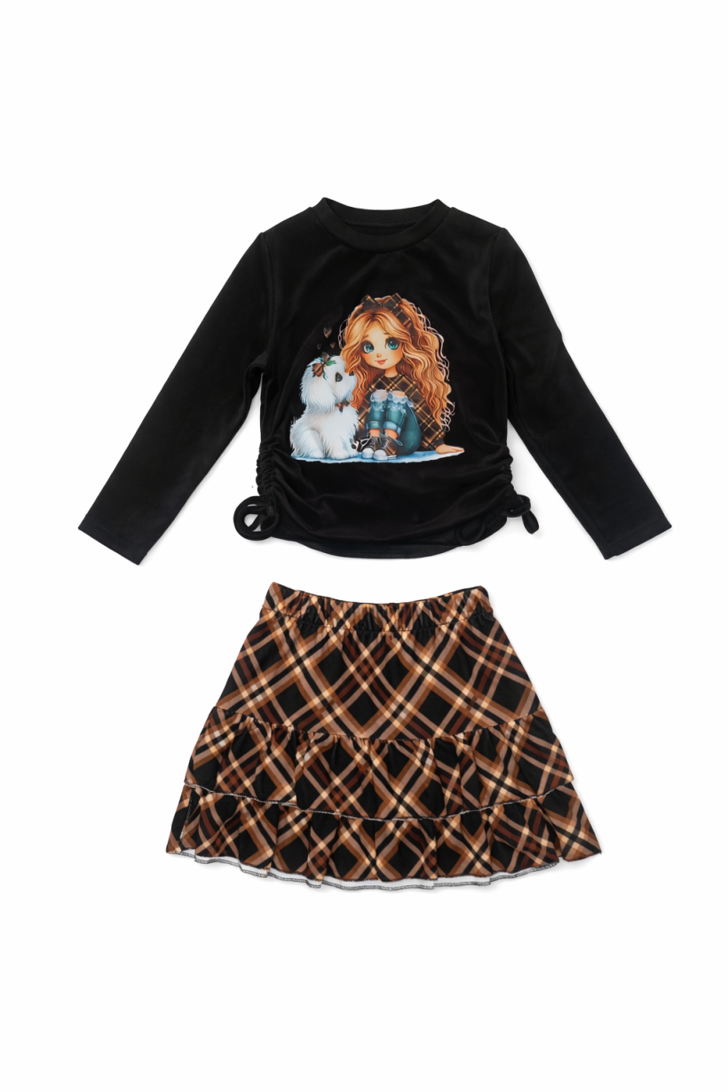 W Komplet welur dziewczynka z MALTAŃCZYKIEM spódnica krata  - CZARNY