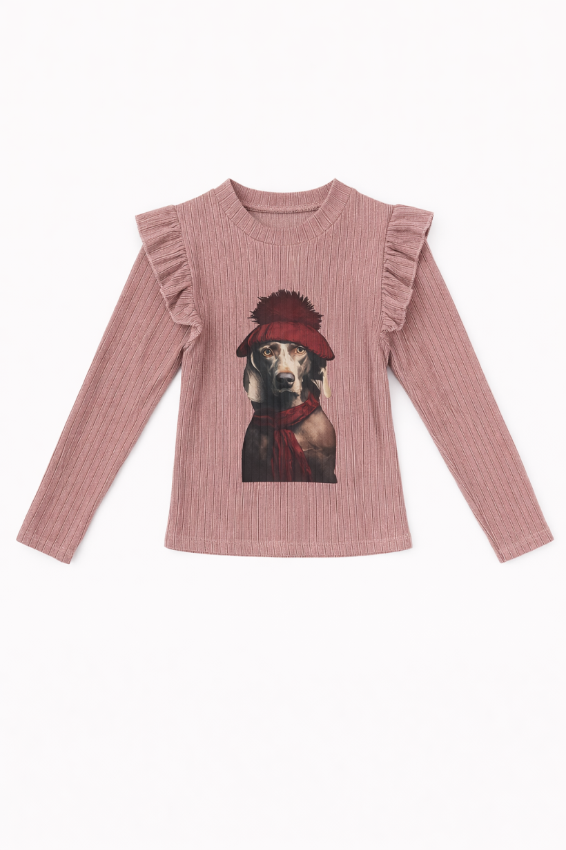 W Bluzeczka sweterkowa z falbankami PIES W CZAPCE 9251- RÓŻ