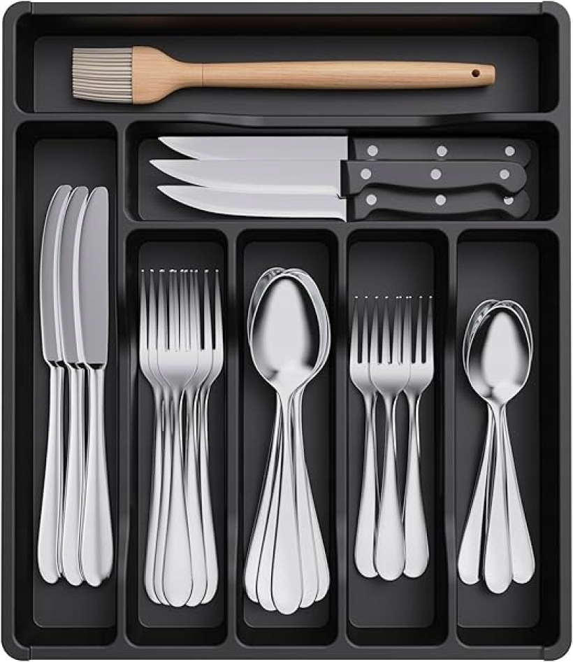 Lifewit Organizer na Sztućce, Taca do Szuflady Kuchennej, 7 Przegród Czarny