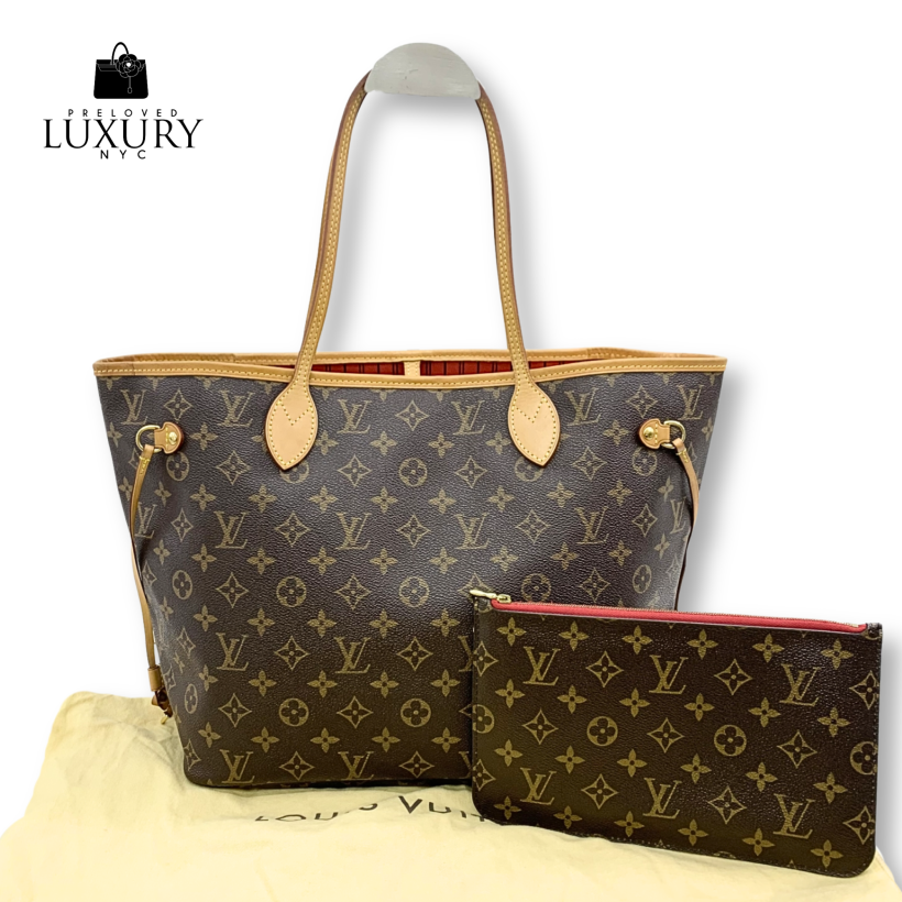 LOUIS VUITTON Monogram M41177 Brown Leather Neverfull MM Tote Bag w/Pouch
