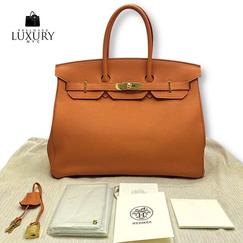 HERMES Orange Leather Bag Birkin 35 GHW □R