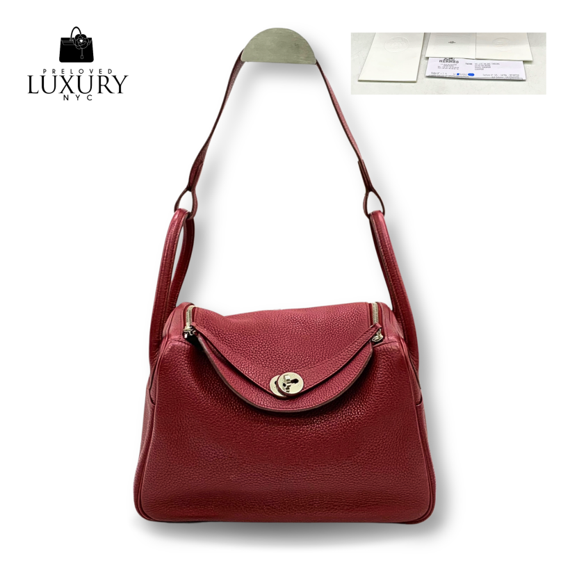 HERMES Red Lindy 30 Clemence Square Q PHW Hand Bag