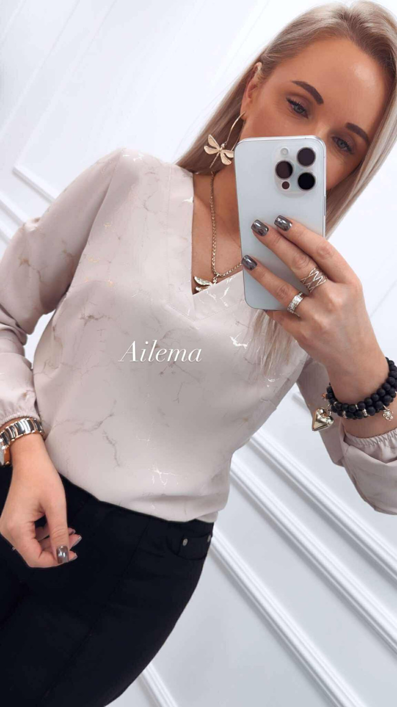 Koszula Madex dekolt V kk1199 beżowa w złote wzory 