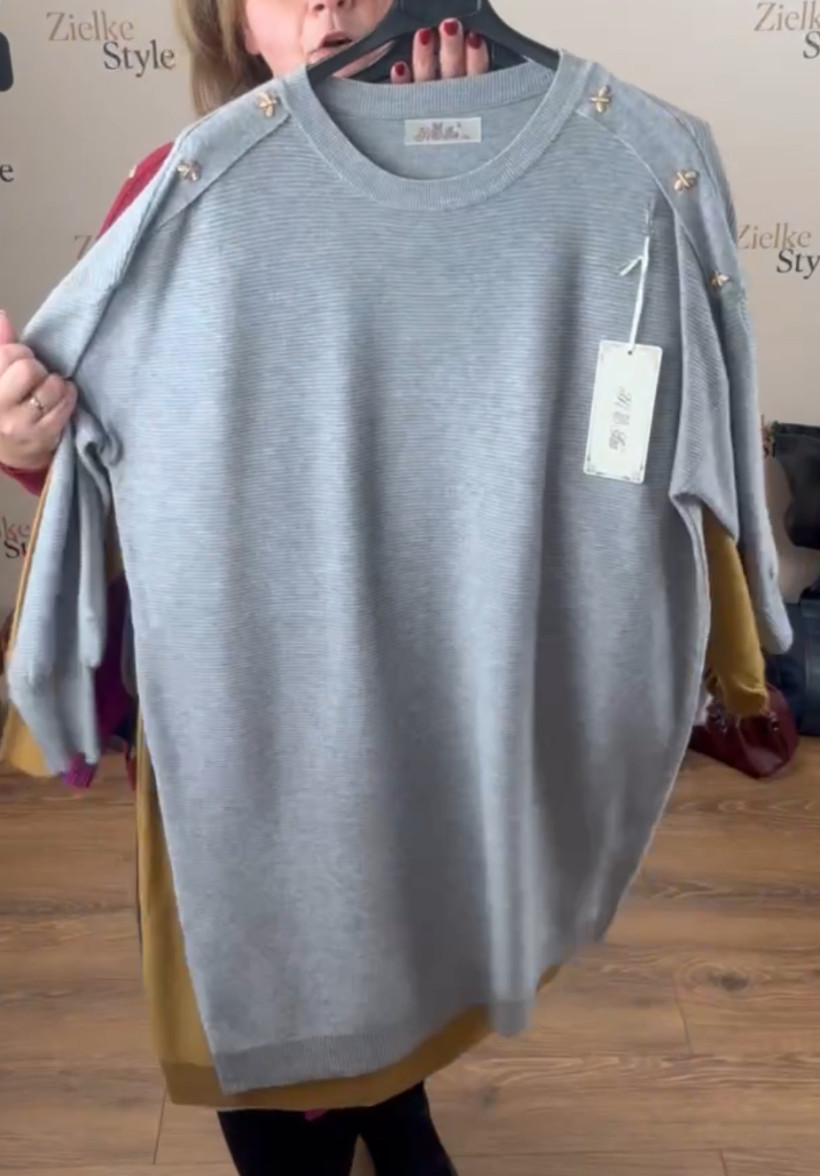 Sukienka/Tunika sweterkowa, złote pszczoły na ramieniu - (l/xl, xl/2xl) - 3353 - popiel