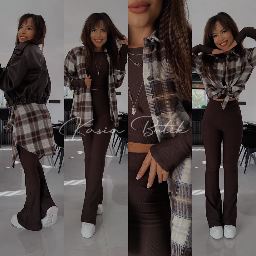 Koszula Bawełniana Grid Krata Czekoladowo&Beżowo&Niebieska