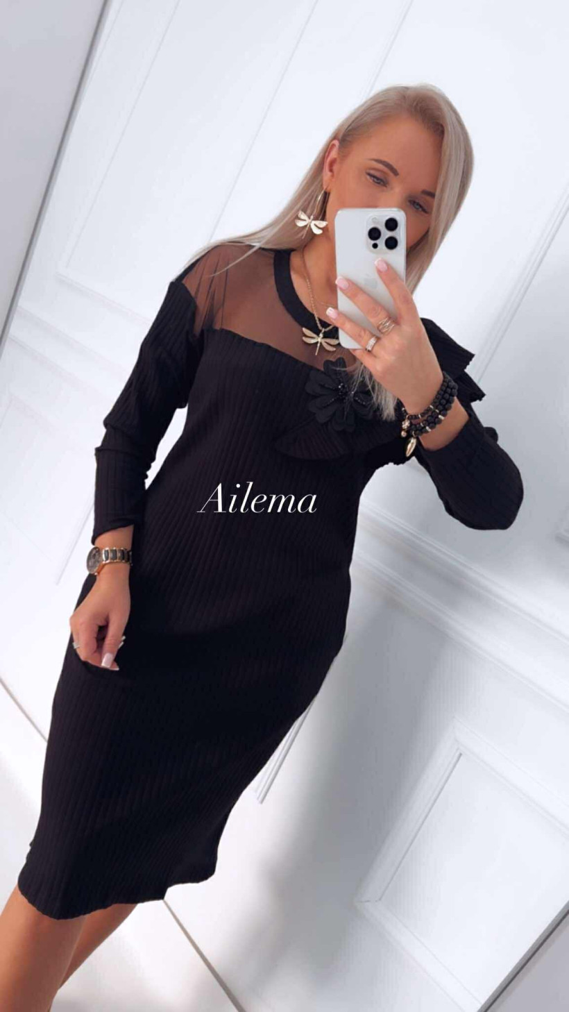 WYPRZEDAŻ Sukienka La COCA prążek ozdobne kwiaty z cyrkoniami