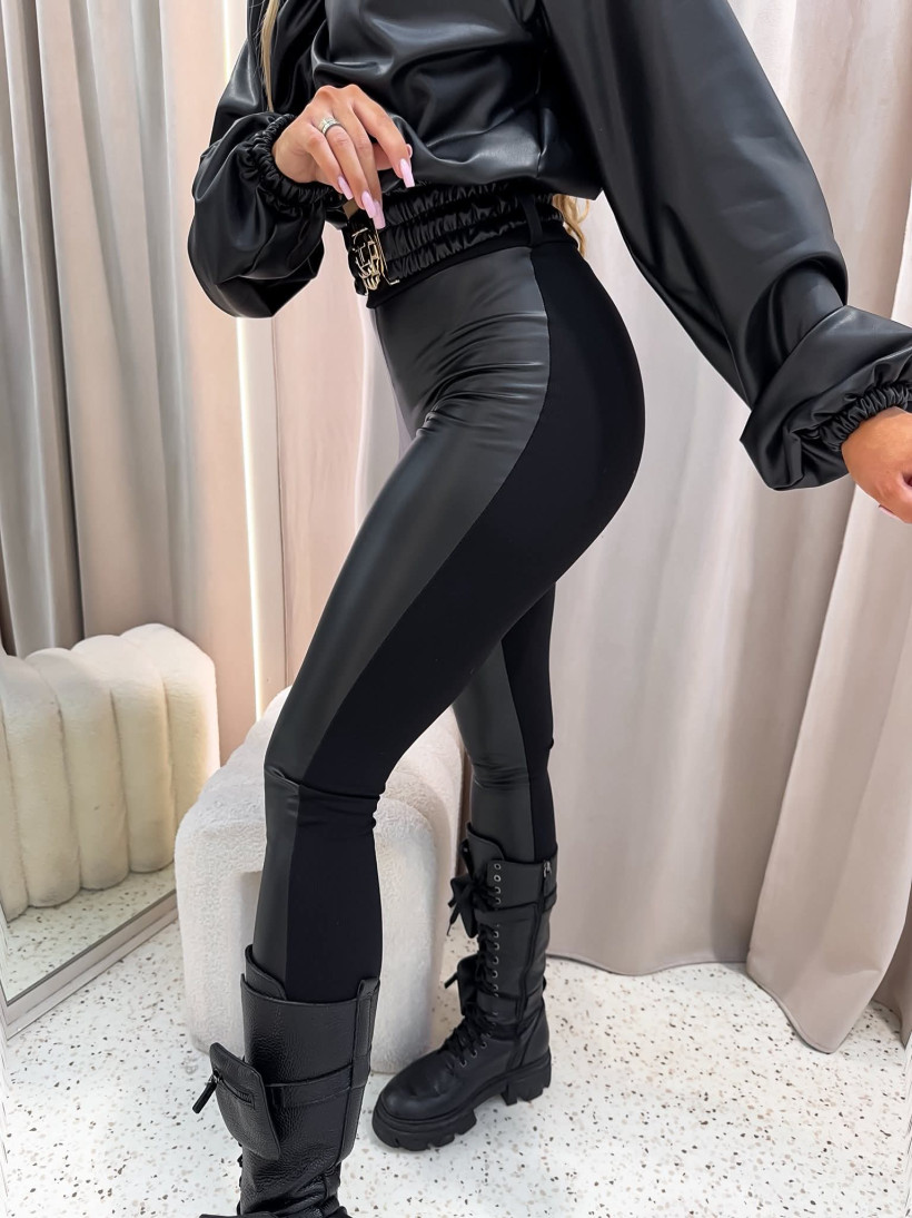 Leginsy La Monne eko skórka z paskiem czarne