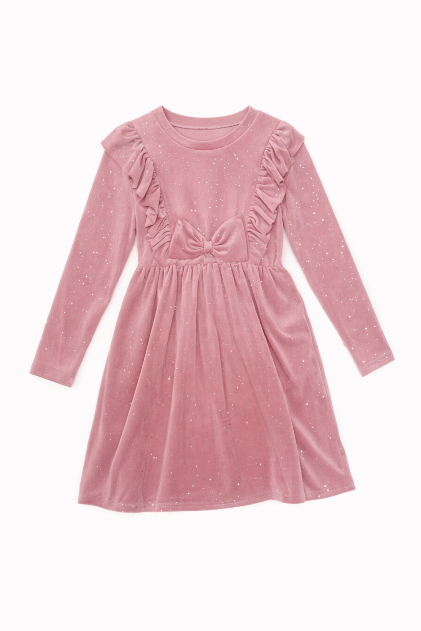 W Sukienka BROKAT welur kokarda falbanka A494 - RÓŻ