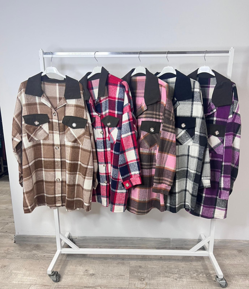 Koszula Flauszowa Oversize w Kratę ze Sztruksowymi Dodatkami