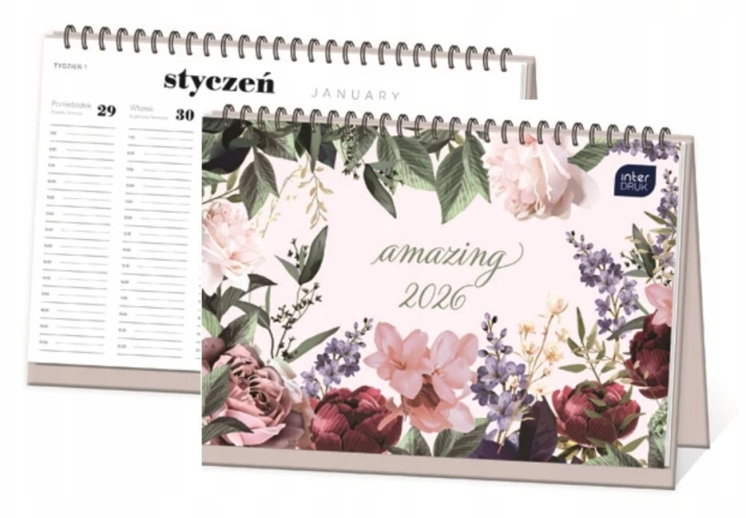 KALENDARZ biurkowy POZIOMY TYGODNIOWY KWIATY 2026 Interdruk