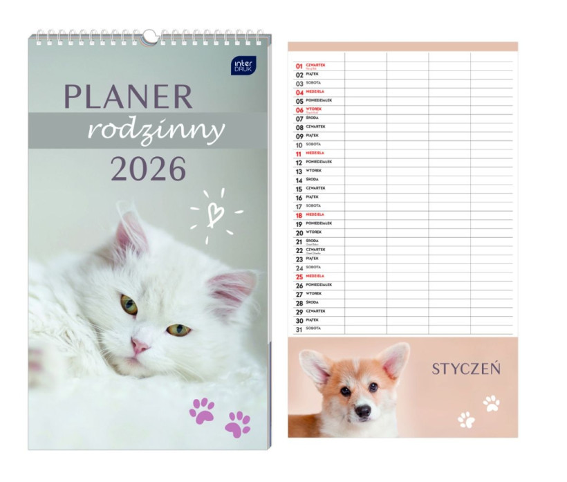 Interdruk Kalendarz 2026 planner rodzinny 25x43 Zwierzaki