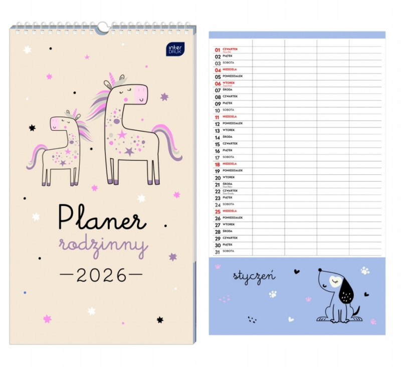 PLANER RODZINNY 2026 KALENDARZ ŚCIENNY PICCOLO JEDNOROŻCE INTERDRUK