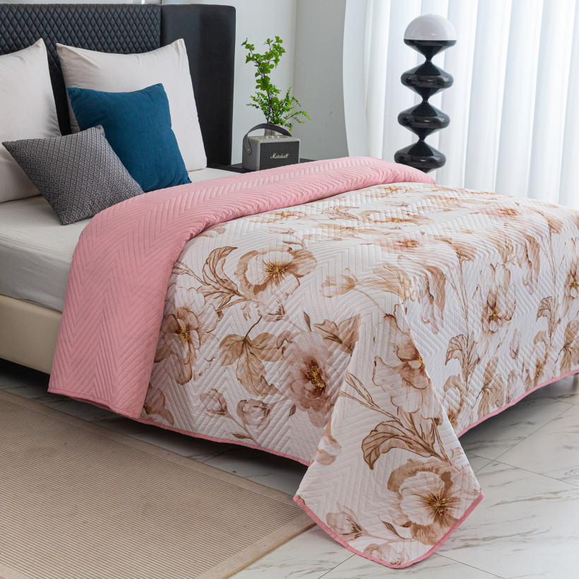 Narzuta 170x210cm beżowe kwiaty 100% MIKROFIBRA NDP3033