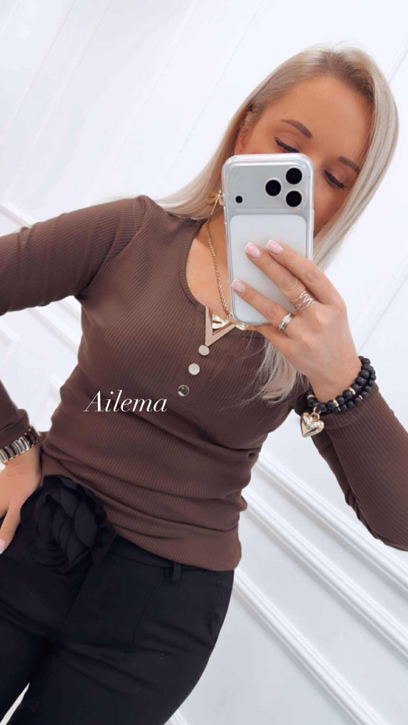 Bluzka HDM H5881 prążek, ozdobny dekolt złote guziki 