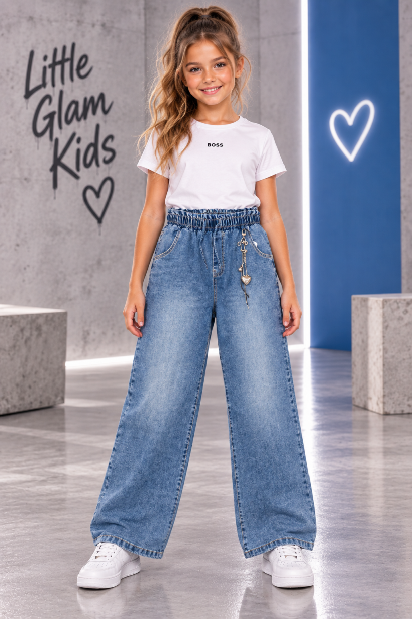 jeans  happy house LL-912 szerokie, gładkie, brelok serce