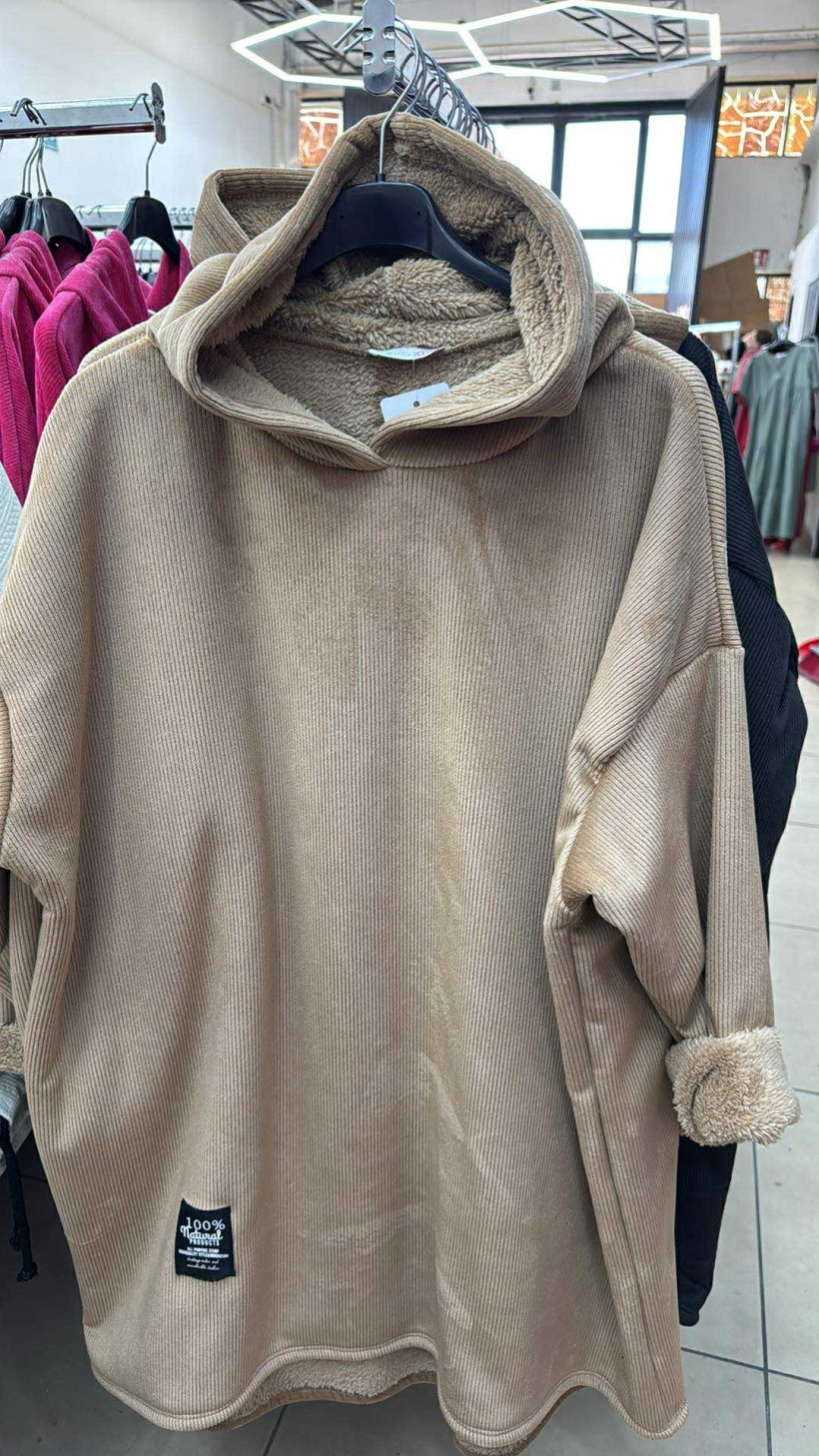 Italia nr 6 - Bluza / tunika jednokolorowa sztruks na misiu z kapturem - 25675 - fango