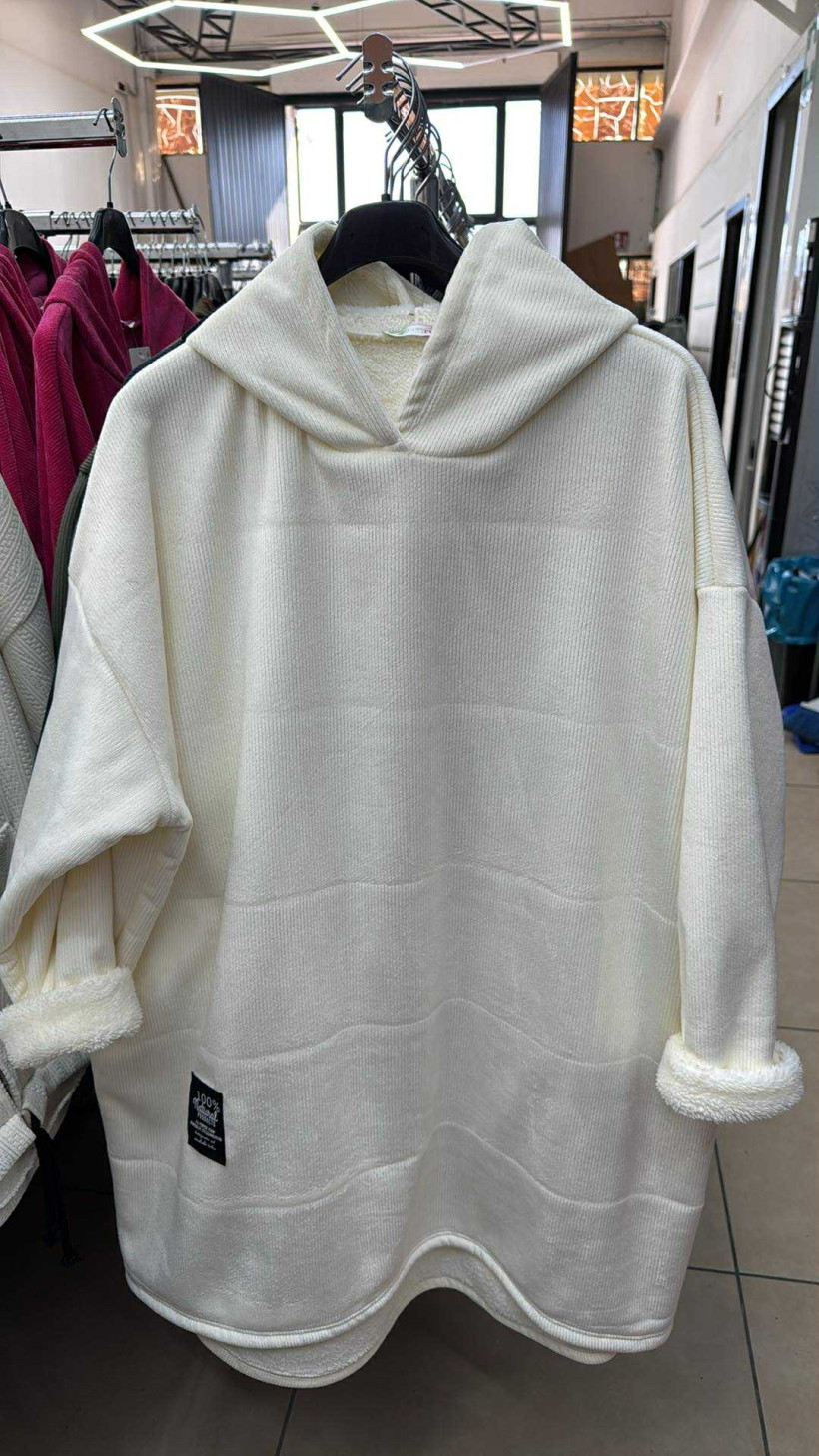 Italia nr 6 - Bluza / tunika jednokolorowa sztruks na misiu z kapturem - 25675 - śmietanka
