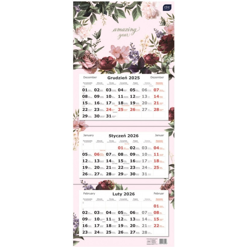 Kalendarz trójdzielny 2026 82,5x34cm Kwiaty INTERDRUK