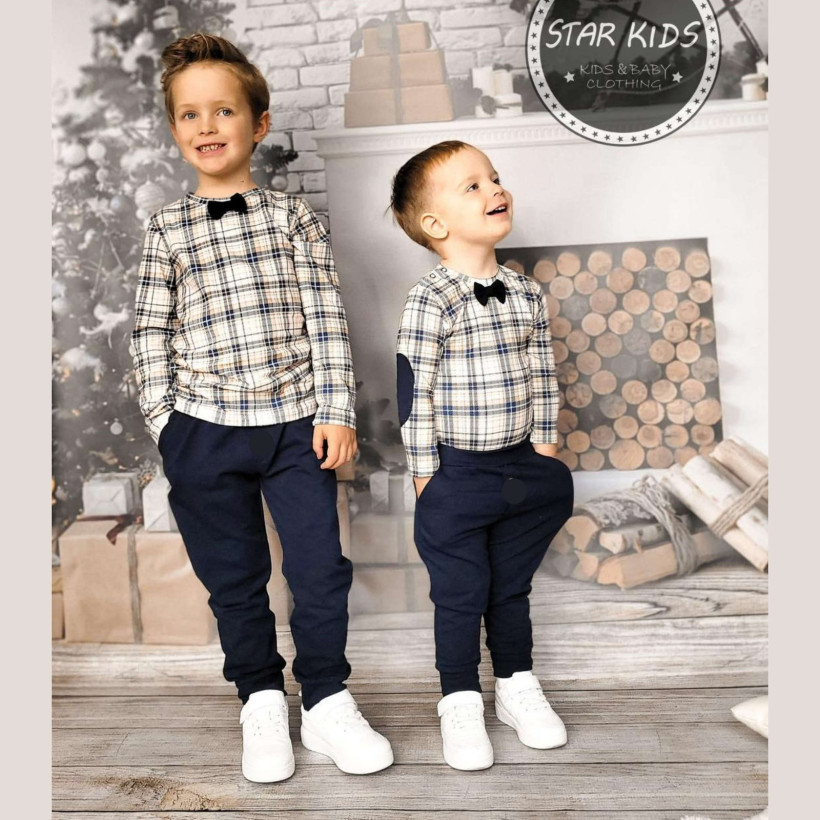 KOMPLET BODY(68-86)/BLUZKA (92-98) KRATA Z MUSZKĄ + SPODNIE GRANATOWE STAR KIDS