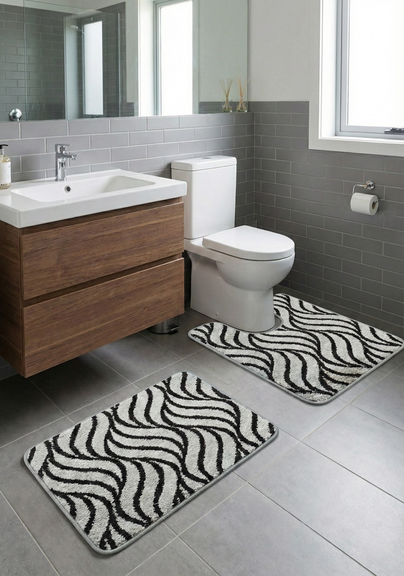 Komplet dywaników błękitno czarne fale 100x60cm i 50x60cm z wycięciem