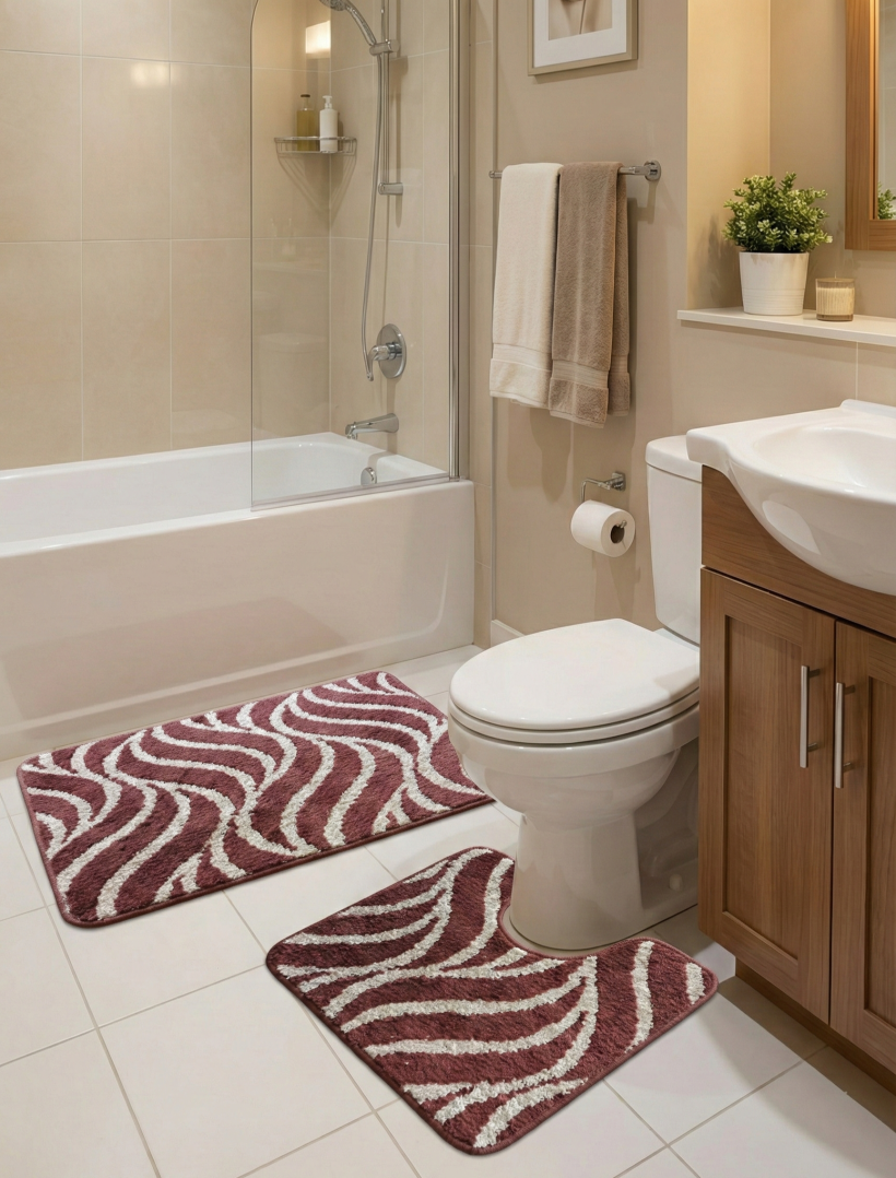 Komplet dywaników bordowo białe fale 100x60cm i 50x60cm z wycięciem