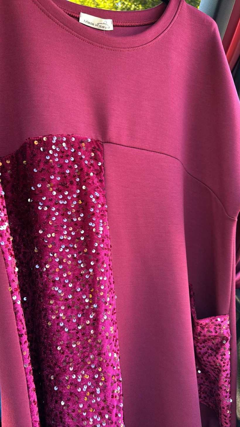Italia nr 6 - Tunika/Sukienka jednokolorowa z cekinowymi dodatkami - 07527 - bordo
