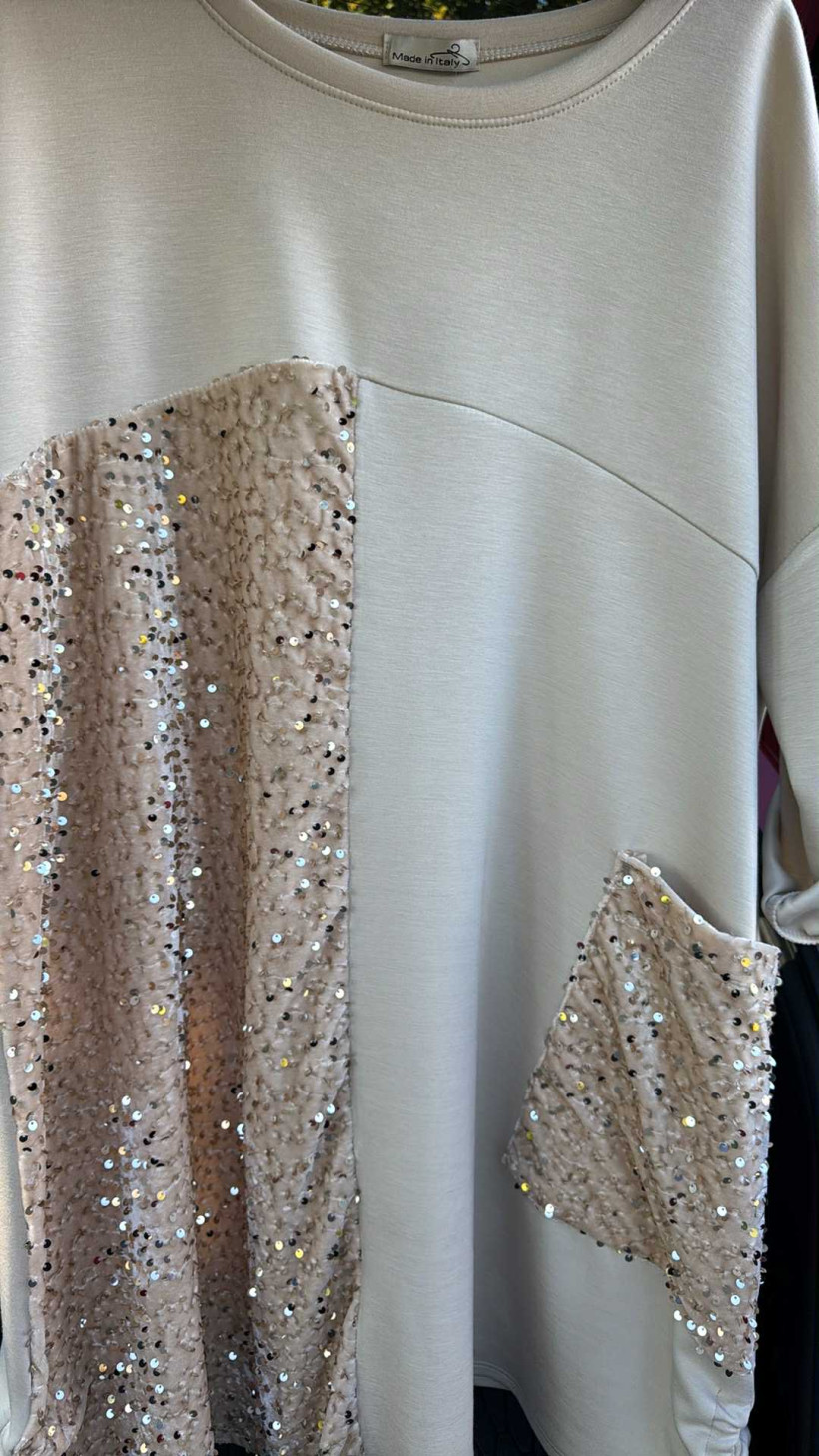 Italia nr 6 - Tunika/Sukienka jednokolorowa z cekinowymi dodatkami - 07527 - beż