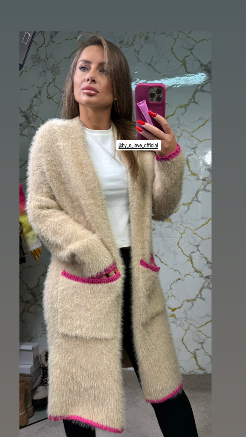 Nowy damski sweter beż z fuksjową lamówką kieszenie Cocomore 