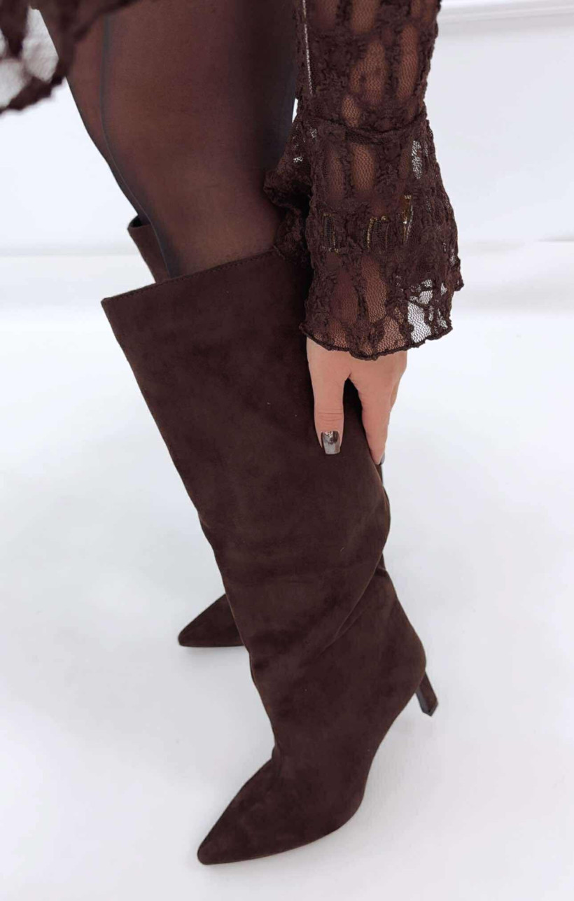 Buty SIWIECKI kozaki wysokie na obcasie RB171P zamszowe ze szpiczastym noskiem