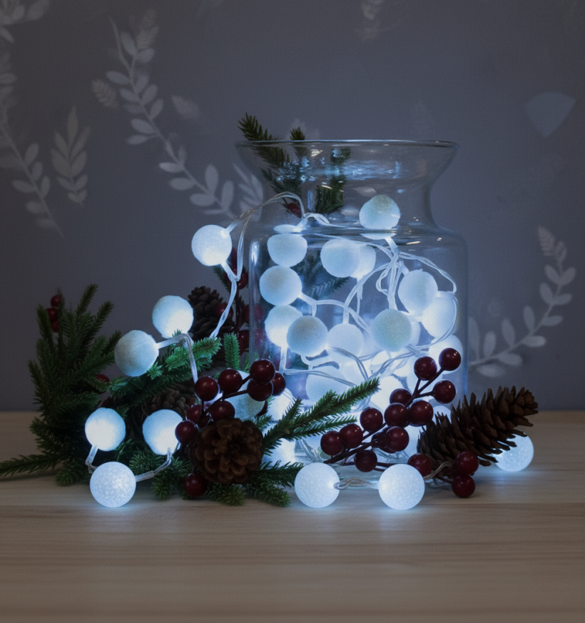 Lampki 40 LED cotton balls puchate kulki zimny biały na baterie