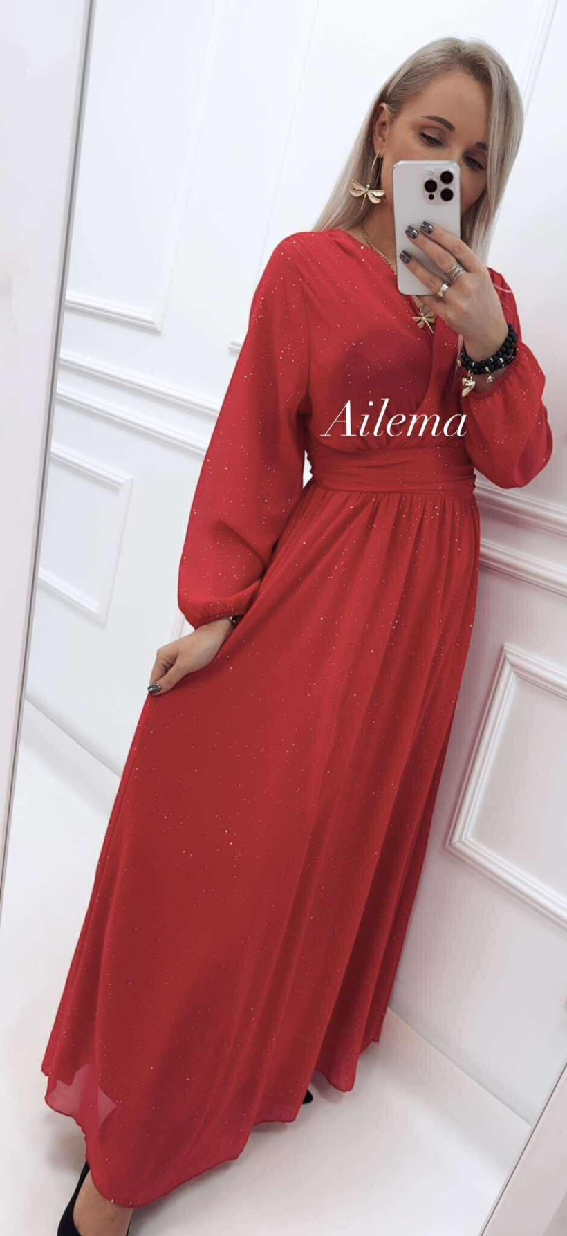 Sukienka długa błyszcząca kk1311 ozdobny dekolt