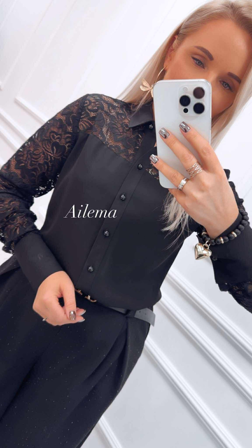 Koszula EMG czarna na guziki kk1314 dekolt i rękawy zdobione koronką