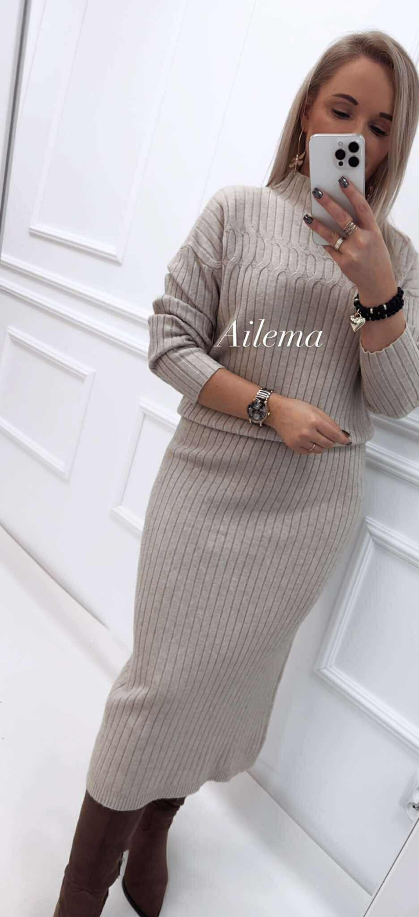 Komplet sweterkowy Jean Louis Francoise  ze spódnicą AT65402AB warkocz