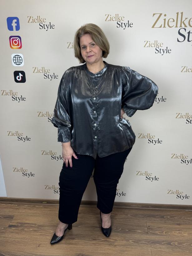 Italia nr 6 - Bluzka koszulowa na stójce z połyskiem, rękaw z falbaną - 2835 - grafit