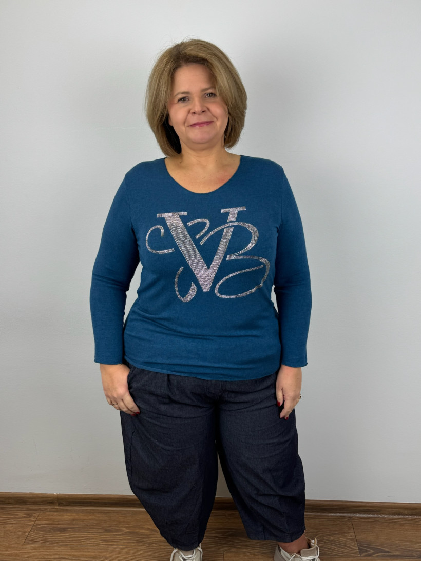 Itgalia nr 6 - Sweterek w serek, złoty napis V - 82375 - morski