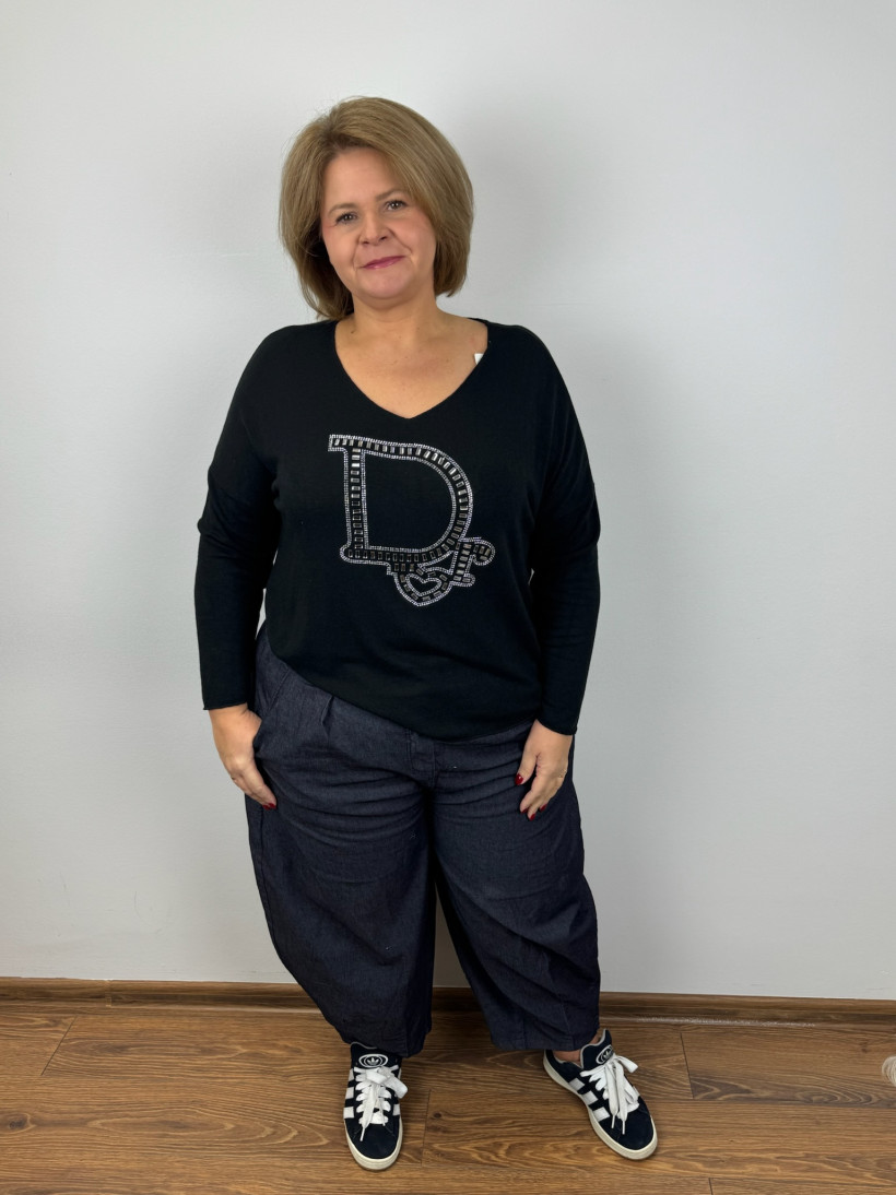 Italia nr 6 - Sweterek w serek, cyrkoniowy napis dor - R5237 - czarny