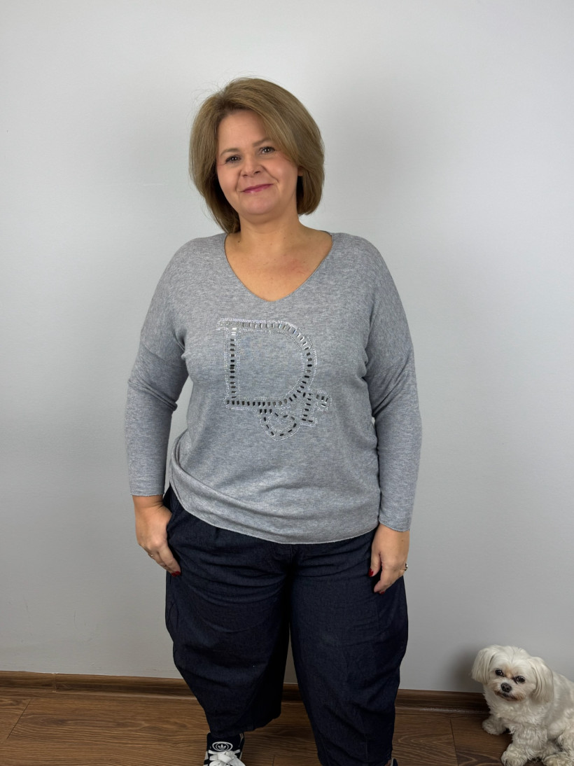 Italia nr 6 - Sweterek w serek, cyrkoniowy napis dor - R5237 - popiel